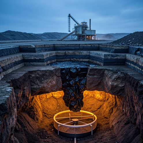 Coupe géologique réaliste montrant du charbon, du pétrole et du gaz naturel enfouis sous terre, avec une installation industrielle en surface.