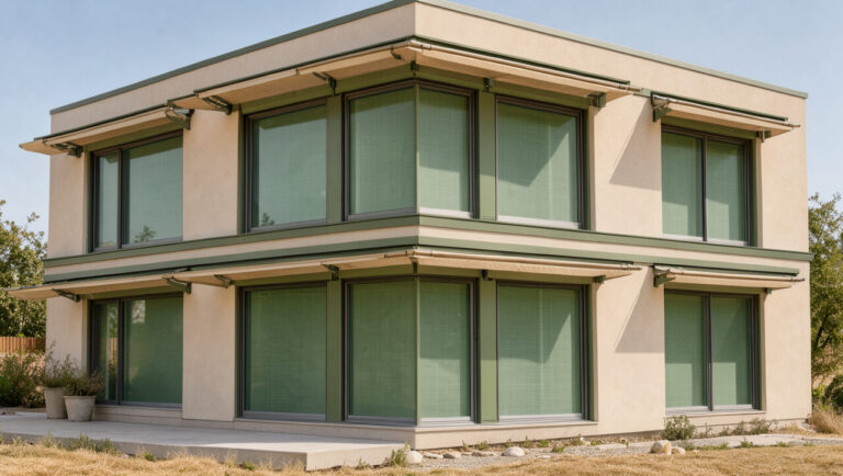 Maison moderne équipée de stores techniques extérieurs pour limiter la chaleur solaire et améliorer l’efficacité énergétique