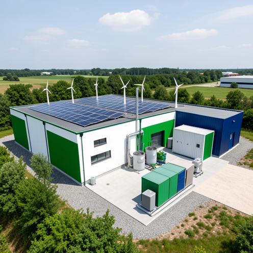 Installation énergétique moderne et durable avec panneaux solaires, petites éoliennes, pompes à chaleur et unités de stockage dans un environnement industriel végétalisé.