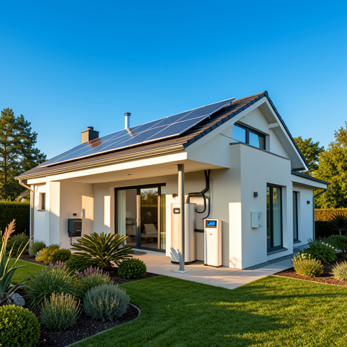 Système solaire intégré avec panneaux photovoltaïques, pompe à chaleur et batterie de stockage autour d’une maison contemporaine écoénergétique.