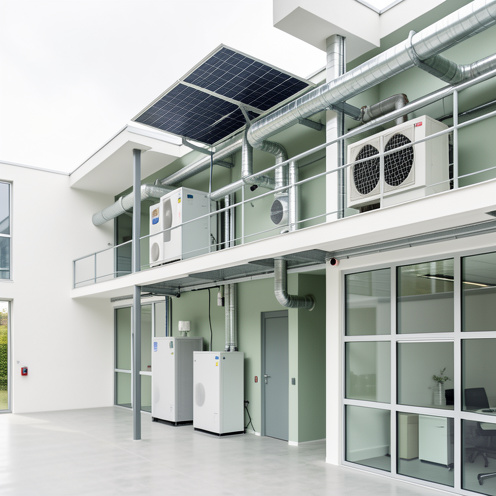 Systèmes technologiques énergétiques intégrés dans un bâtiment moderne à haute performance, avec pompes à chaleur, ventilation et panneaux solaires.