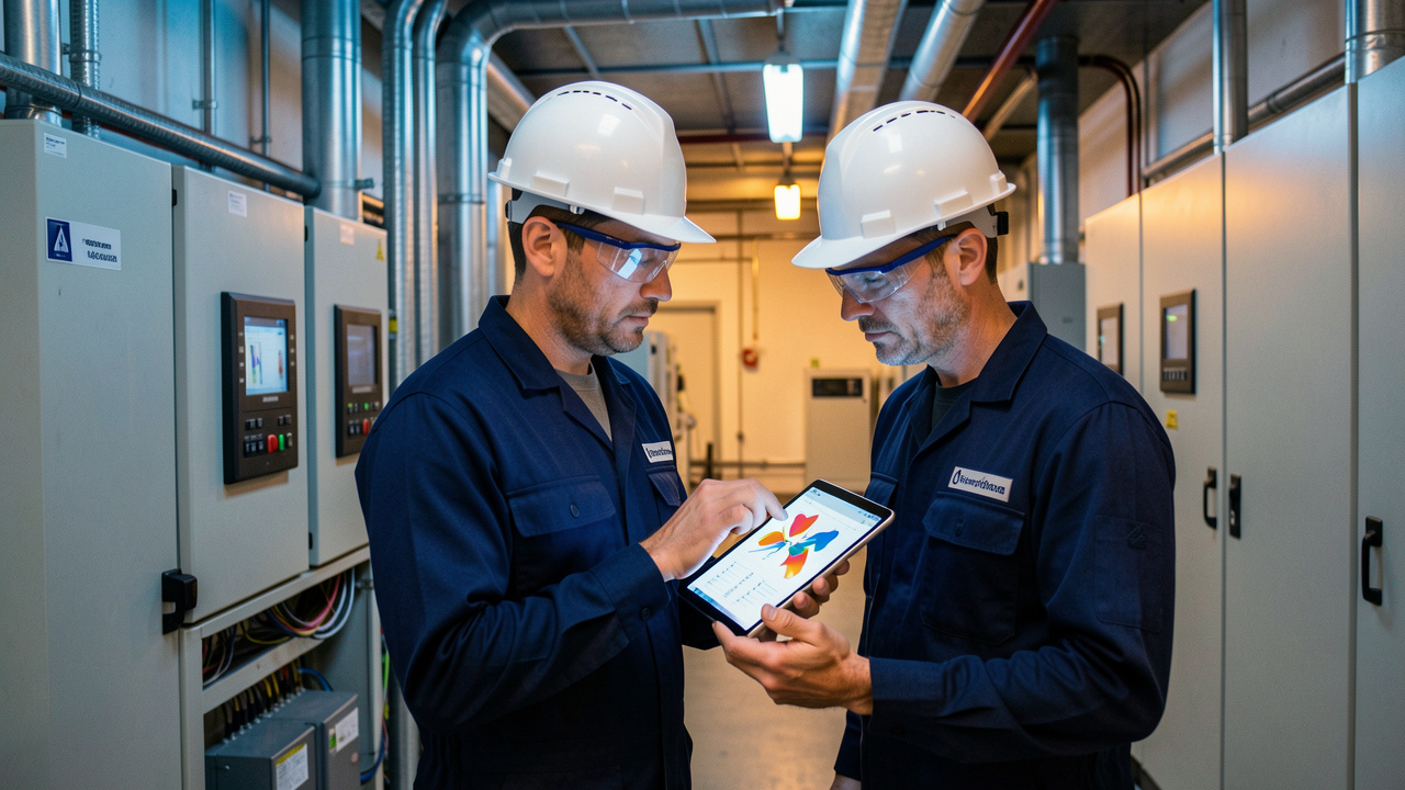 Technicien en commissioning énergétique inspectant des équipements HVAC et électriques dans un bâtiment industriel moderne.