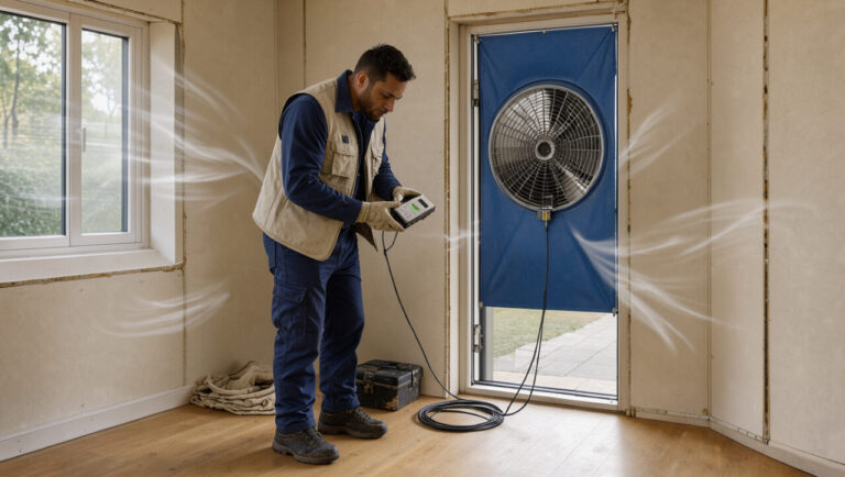 Un technicien vérifie l’étanchéité à l’air d’une maison moderne à l’aide d’un appareil de blower door installé dans une porte.