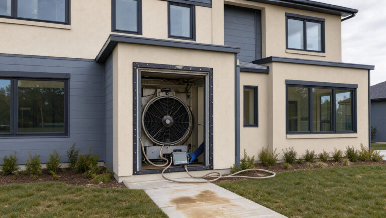 Maison moderne équipée d’un dispositif de blower door pour mesurer et améliorer son étanchéité à l’air.