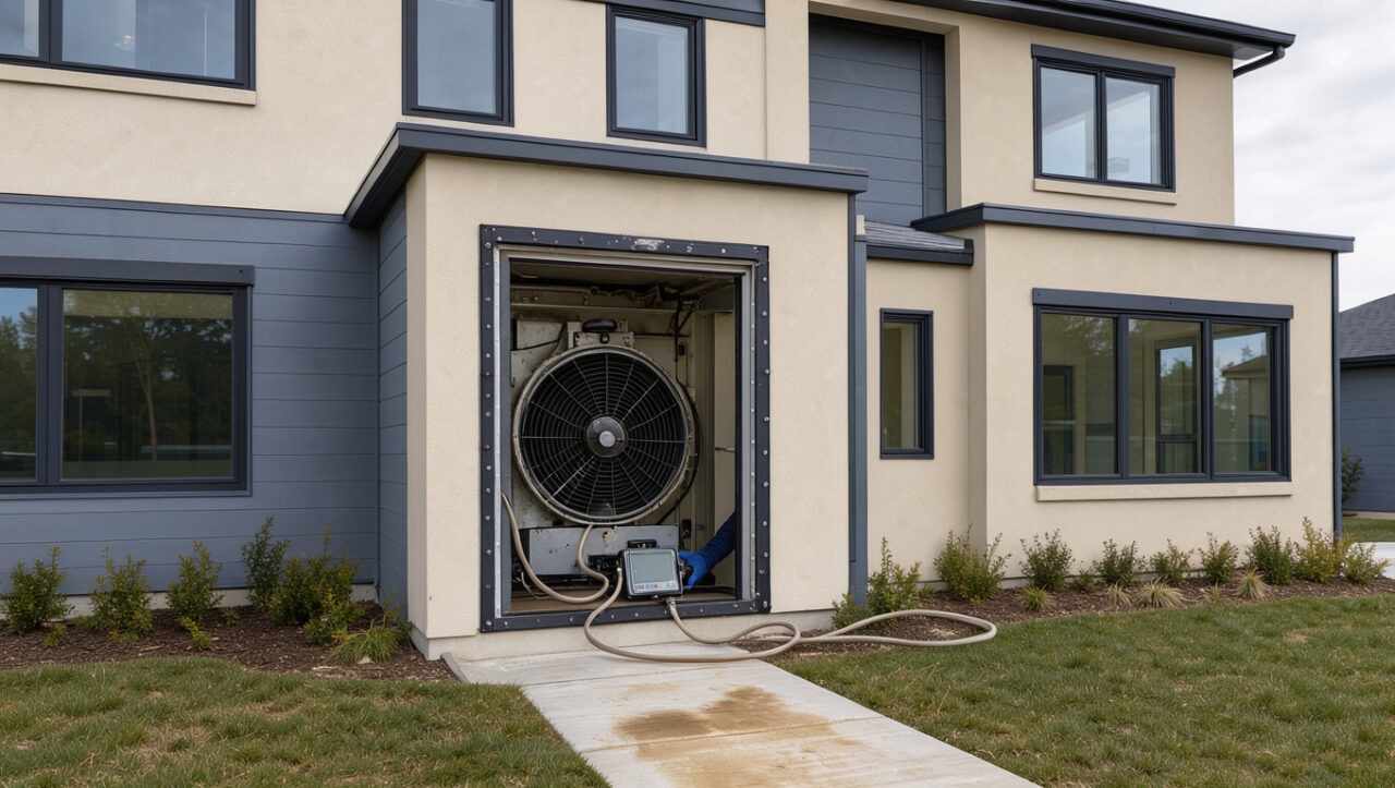 Maison moderne équipée d’un dispositif de blower door pour mesurer et améliorer son étanchéité à l’air.