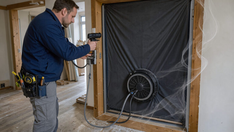 Un auditeur énergétique réalise un test d’infiltrométrie avec une porte soufflante dans l’entrée d’un logement avant sa rénovation.