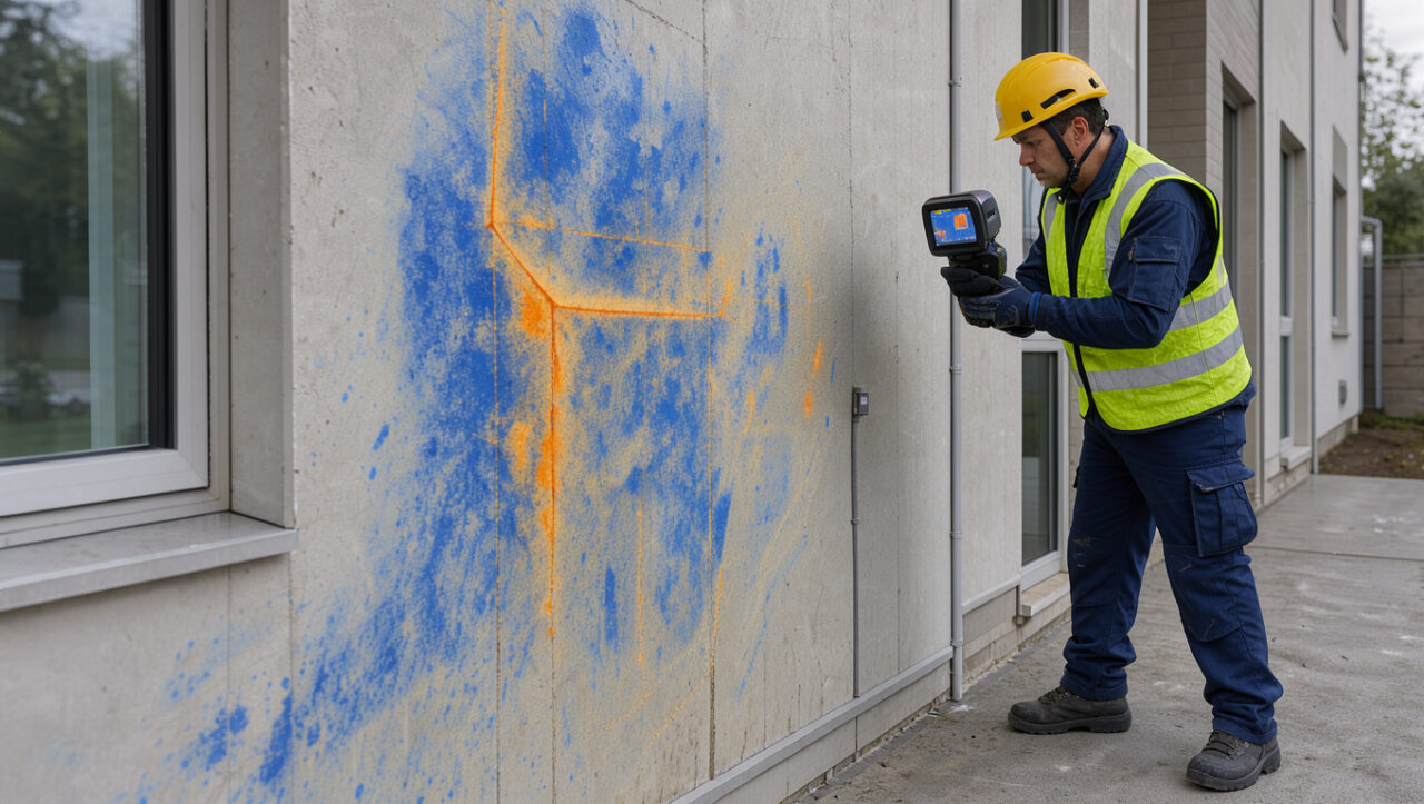 Un thermographe du bâtiment équipé d'un casque et d'un gilet réfléchissant examine un mur avec une caméra thermique.