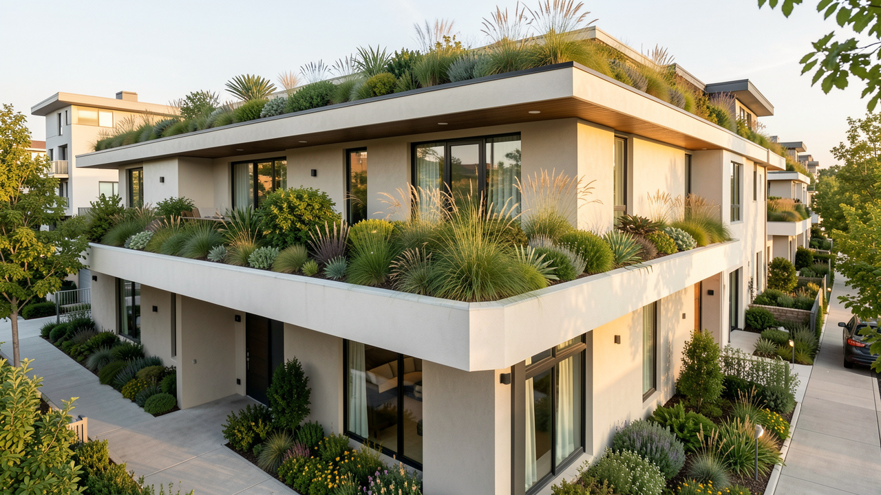 Maison contemporaine dotée d’une toiture végétalisée luxuriante dans un quartier urbain paysager, illustrant l’efficacité énergétique et la valorisation immobilière.