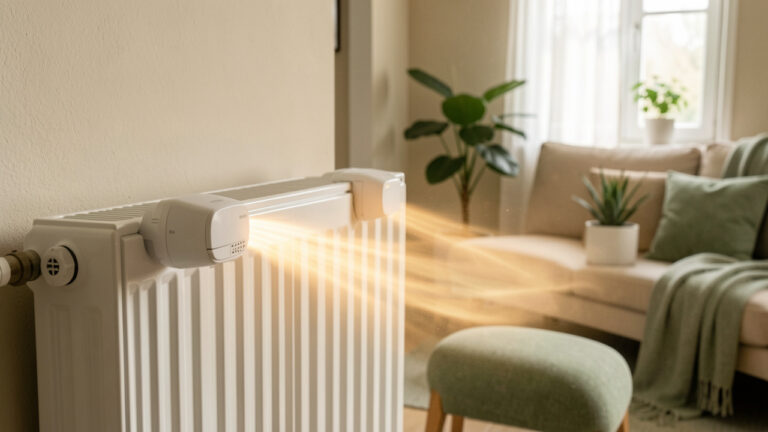 Vannes thermostatiques intelligentes installées sur un radiateur blanc dans un salon moderne et chaleureux, illustrant la réduction de la consommation de chauffage.