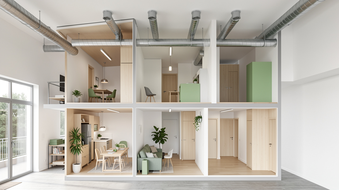Bâtiment moderne écoénergétique montrant un système de ventilation mécanique avec récupération de chaleur et circulation de l’air entre les pièces.