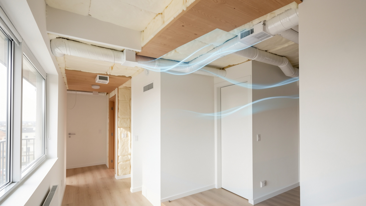Système de ventilation mécanique intégré dans un appartement en cours de rénovation énergétique, avec conduits discrets et circulation d’air représentée par de légers flux bleus.