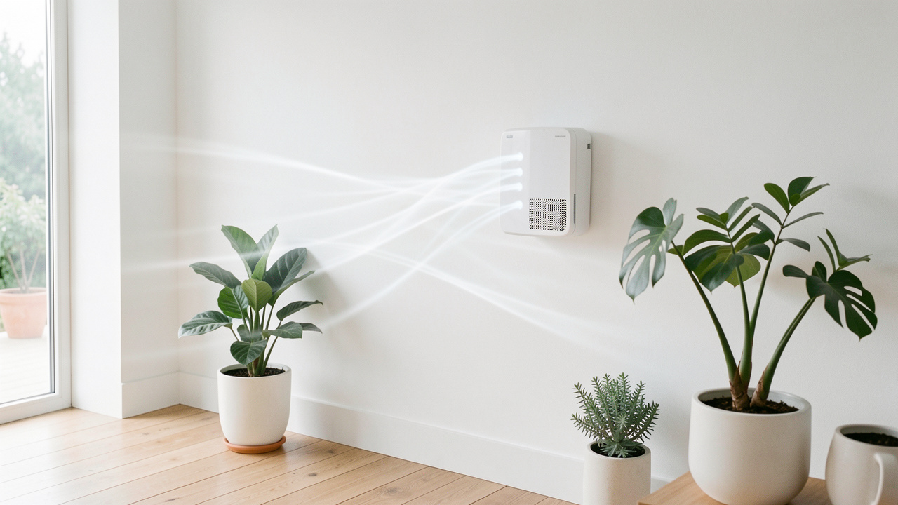Un appareil de ventilation ponctuelle mural renouvelle doucement l’air dans un intérieur moderne et lumineux.