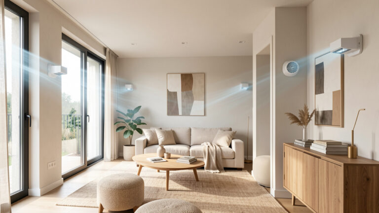 Appartement rénové et économe en énergie équipé de systèmes de ventilation décentralisée intégrés aux murs, créant un intérieur lumineux et confortable.
