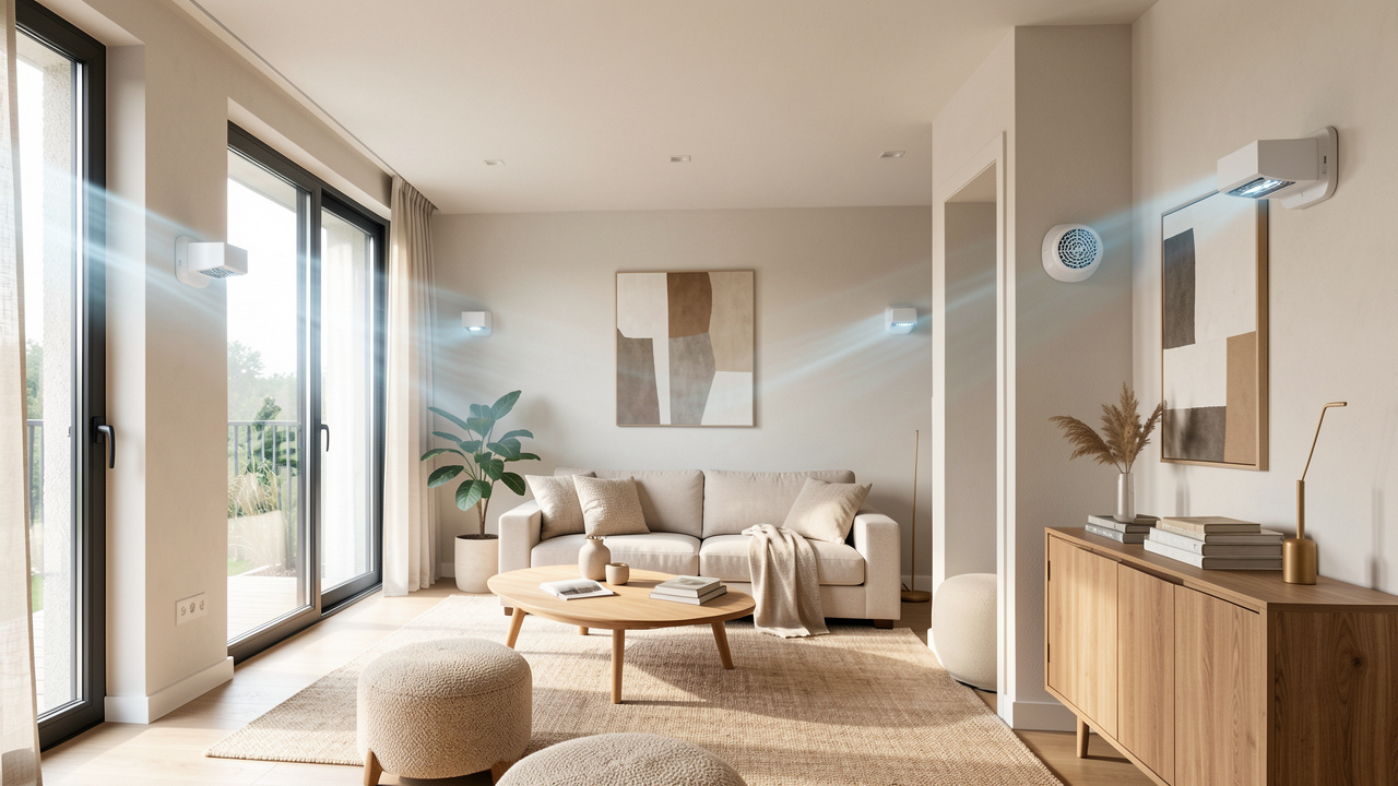 Appartement rénové et économe en énergie équipé de systèmes de ventilation décentralisée intégrés aux murs, créant un intérieur lumineux et confortable.